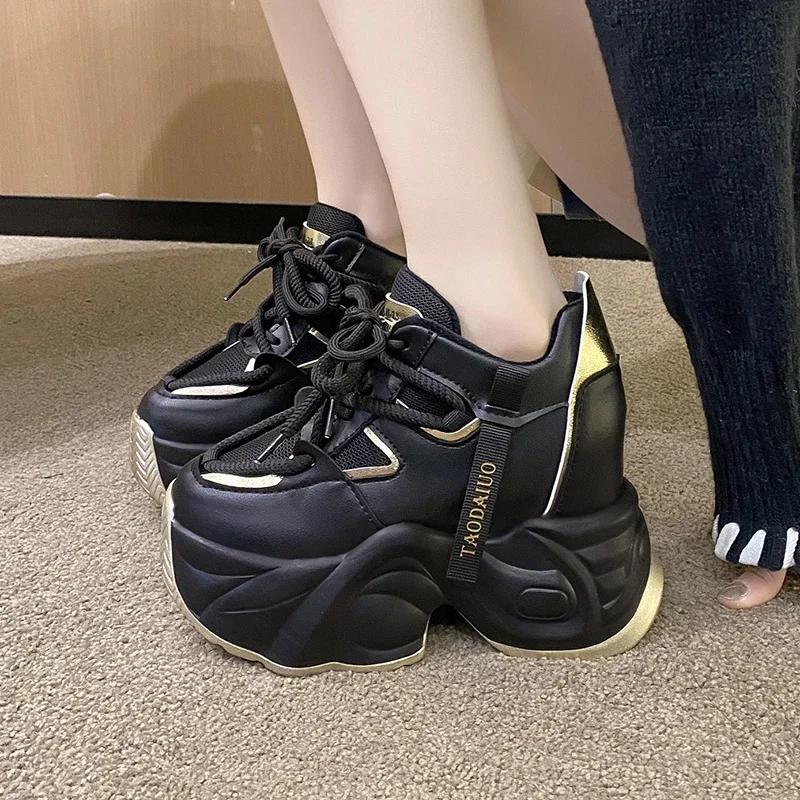 Fashion 11CM Women Autumn Leather Chunky Sneakers Winter High Platform Warm Fur Casual Shoes Wedge Heels Sports Plush Snow Shoes Woman