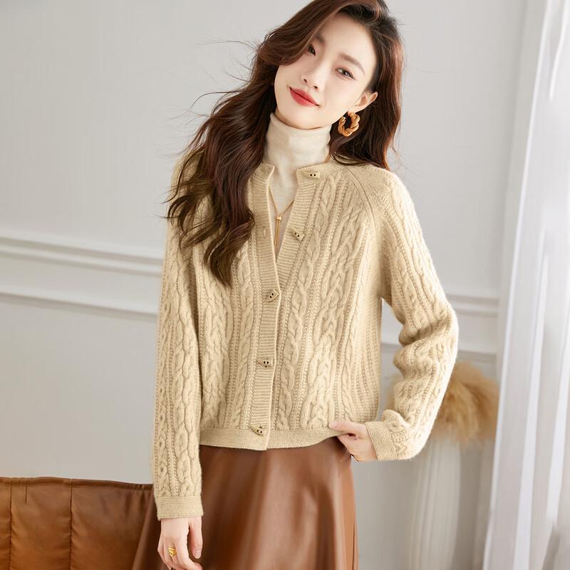 Srcr Women's 100% Pure Wool Cable Knit Cardigan