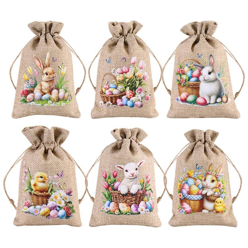 6Pcs Easter Linen Gift Bag Bunny Eggs Candy Cookie Packaging Bag Spring Easter Party Favor Supplies Kids Gifts Easter Decor 2026