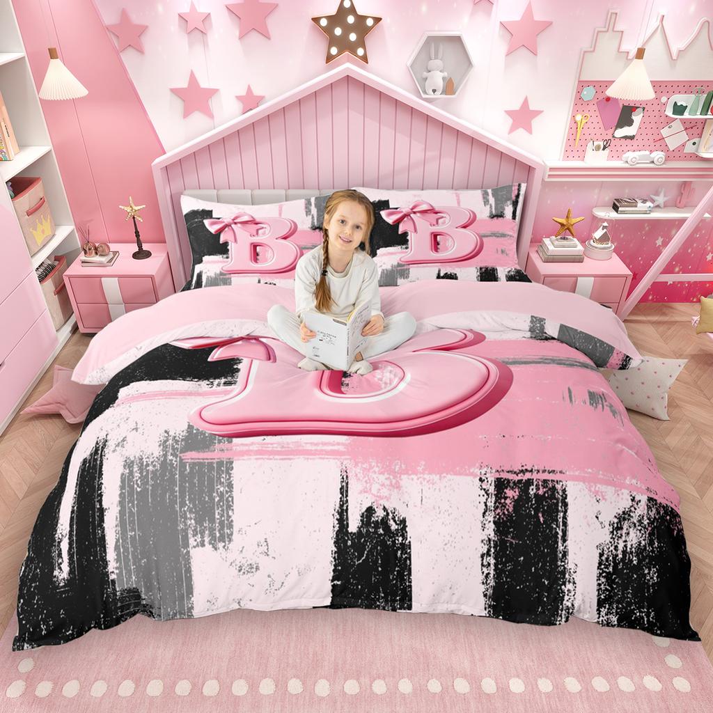 Homewish Girls Bow Monogrammed Duvet Cover Set 2Pcs/3Pcs Black Pink Ombre Bedding Set Personalized Letter A To T Quilt Cover