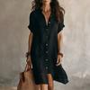 Vestido Chemise Midi Casual de Verão Feminino com Decote V, Manga Curta, Botões, Algodão e Linho