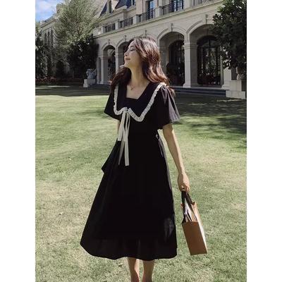 Rochie neagră mică Hepburn stil colegial, cu guler de păpușă și mâneci scurte, rochie de vară pentru femei cu design de nișă, fustă lungă