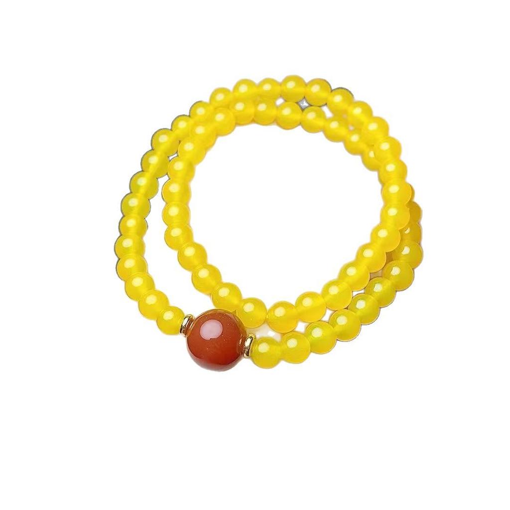 Natural Yellow Agate Double Circle Bracelet with Red Agate Luck Beads for Girls, Simple Bright Jade Style