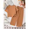 Girls' Fashionable Caramel-colored Bow Tie Set for Summer Children's Casual Short-sleeved Wide-leg Pants Two-piece Set