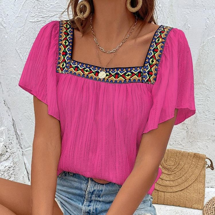 Summer Women Blouse Lace Embroidered Square Neck Backless Pullover Shirt Short Sleeve Lotus Leaf Holiday Spring S-XL