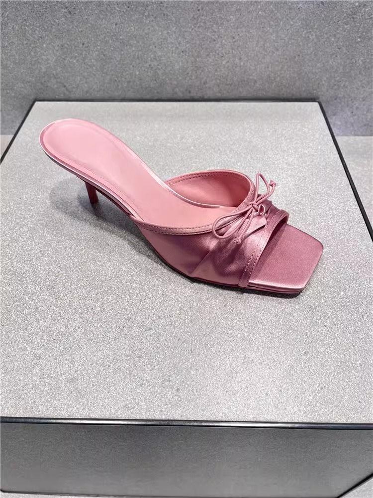 Elegant Slippers Women Solid Leather Solid Color Peep Toe Thin High Heels Ladies Slides Butterfly Knot Outdoor Shoes Plus Size