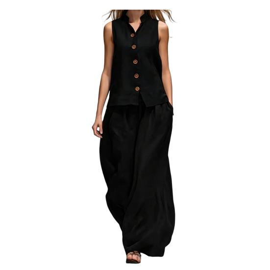 Conjuntos de 2 Peças Femininos Sem Mangas, Conjunto Combinando Casual com Top Regata de Botão e Calça Wide Leg, Roupas para Viagem, Férias e Lounge