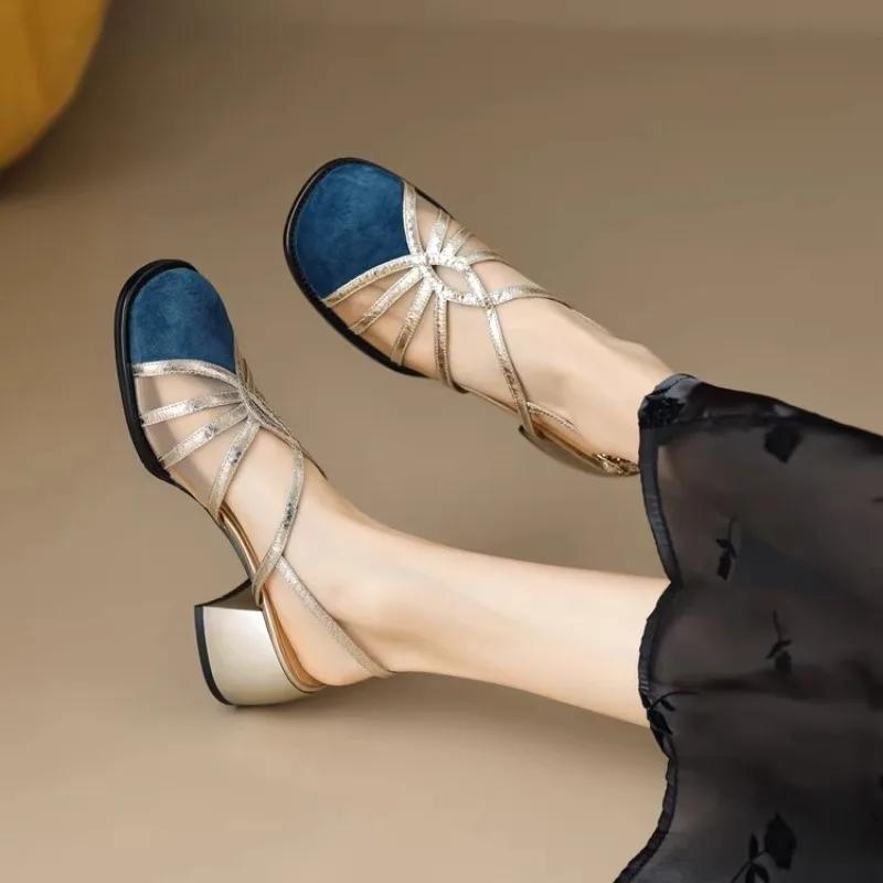 New Matching Color Round Head Sandals for Women Thin Belt Braided One Line Buckle Thick Heel Bun Head Roman Shoes