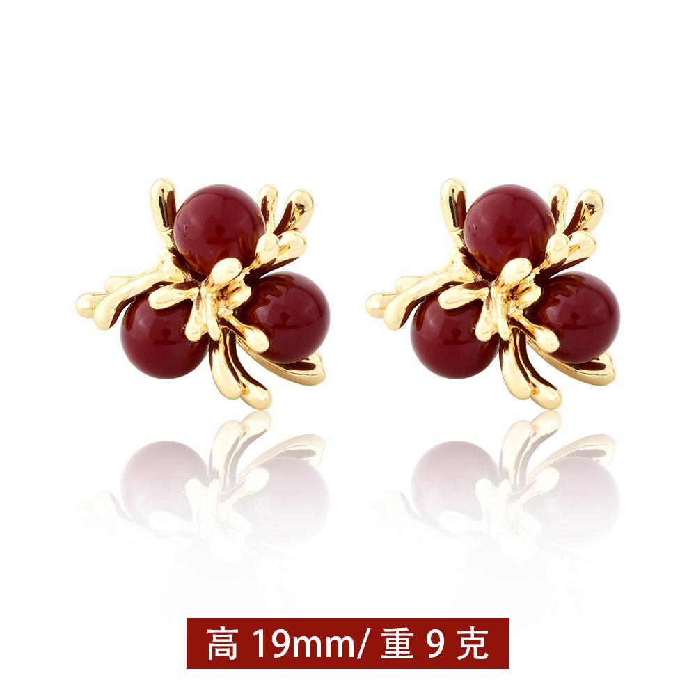 Autumn and winter new red retro pearl earrings fashion festive temperament versatile stud earrings Ankola red fireworks earrings