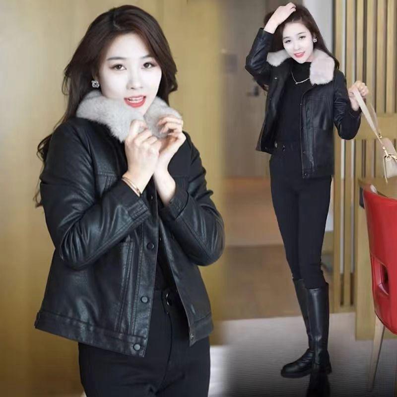 Winter Women Leather Jacket Fleece Lined Thick Warm Short Loose Coat
