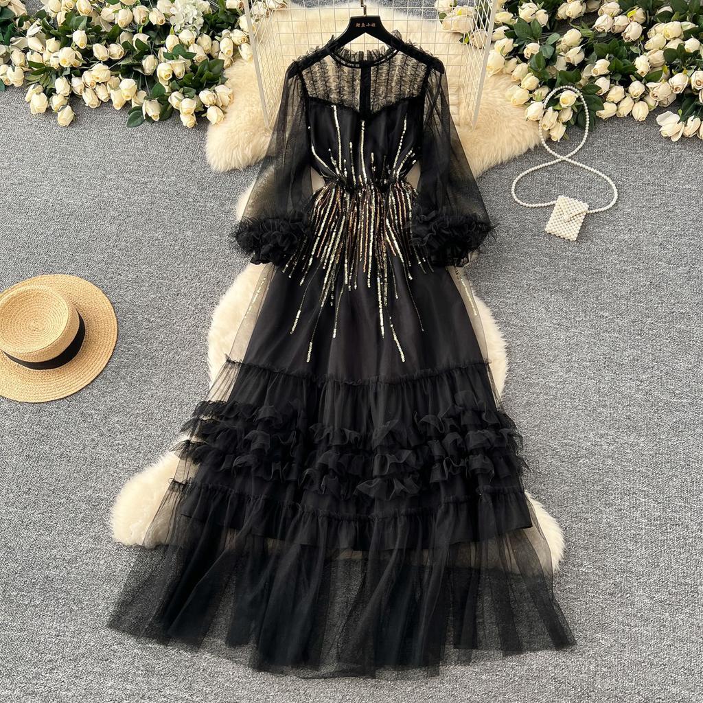 High-end Women's Dress 2025 Sequined Embroidered Three-dimensional Lace Mesh Long-sleeved Waist Dress Skirt