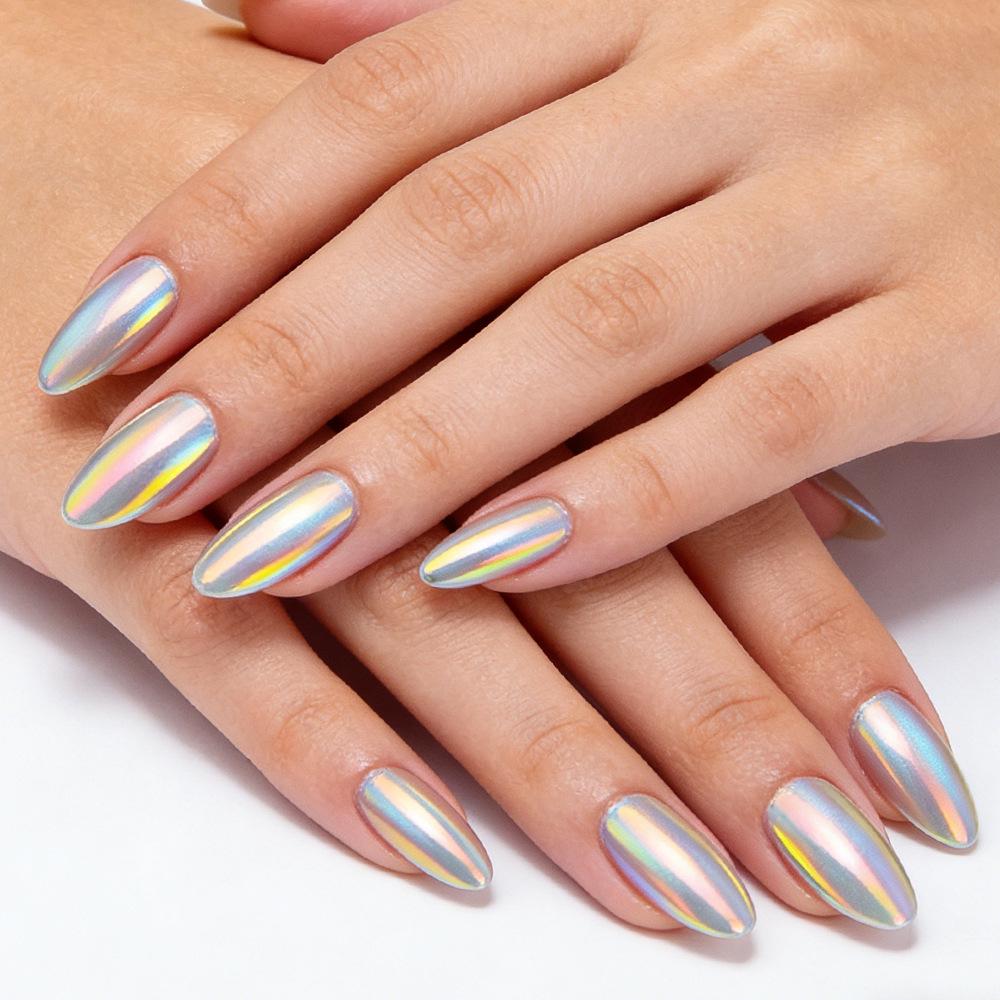 Iridescent Powder Blue Aurora Cat Eye Press-On Nails (32 Pieces) - Almond-Shaped, Skin-Brightening, Detachable.