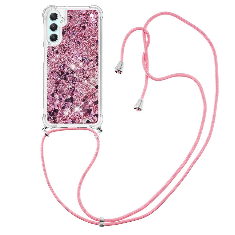 

For Samsung Galaxy A25 5G (Global) (161.0 x 76.5 x 8.3mm) TPU Case Quicksand Design Phone Cover with Lanyard Gold/Hearts