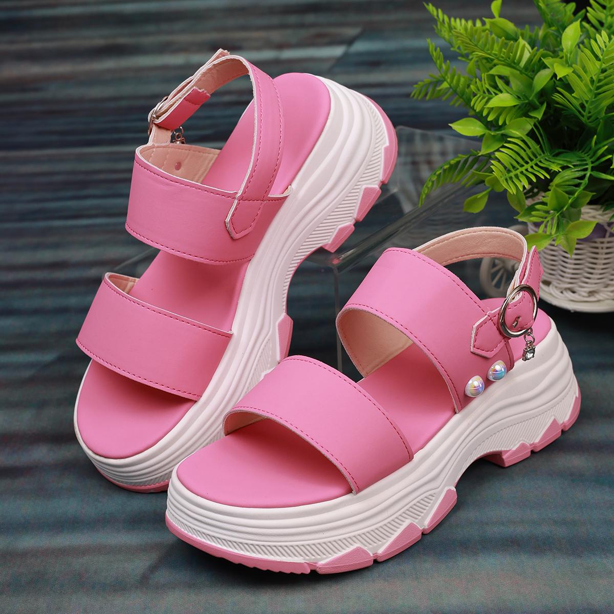 

Модные розовые, зеленые, с пряжкой, женские босоножки на танкетке с ремешком, на платформе, с ниткой, женские босоножки с толстой подошвой, высококачественные, массивные сандалии 36 розовый