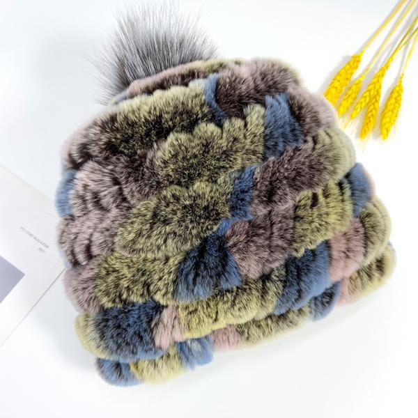Heißer Kaninchen Fell Pompon Hüte Frauen Winter Flauschigen Warme Gestrickte Elastische Mützen Fuchs Echtpelz Stricken Hut Weiche Elastische Gestreiften Skullies