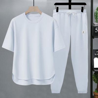 2Pcs/Set Men Sport Outfit O-neck Sleeve T-shirt Waist Elastic Drawstring Short Wide Leg Long Sweatpants Set Solid Color