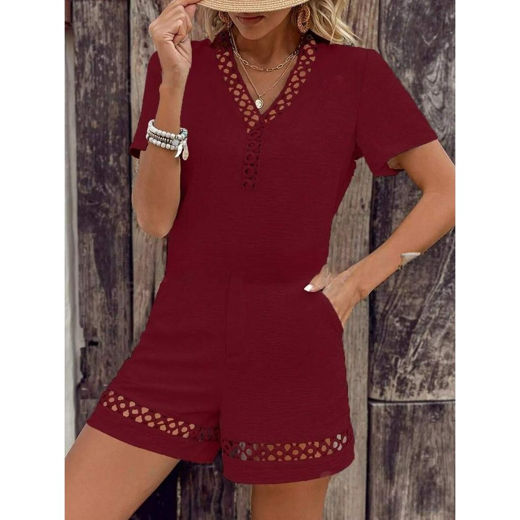 V-neck Stitching Short-sleeved Solid Color Shorts Suit Women