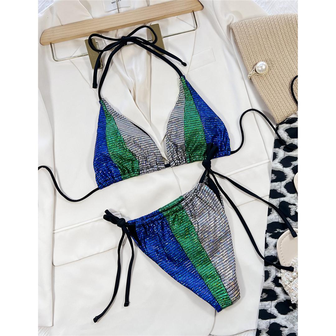 

Сексуальное блестящее бикини в клетку с лямкой на шее, женские купальники, женский купальник, комплект бикини из двух частей, купальный костюм, купальный костюм для женщин L