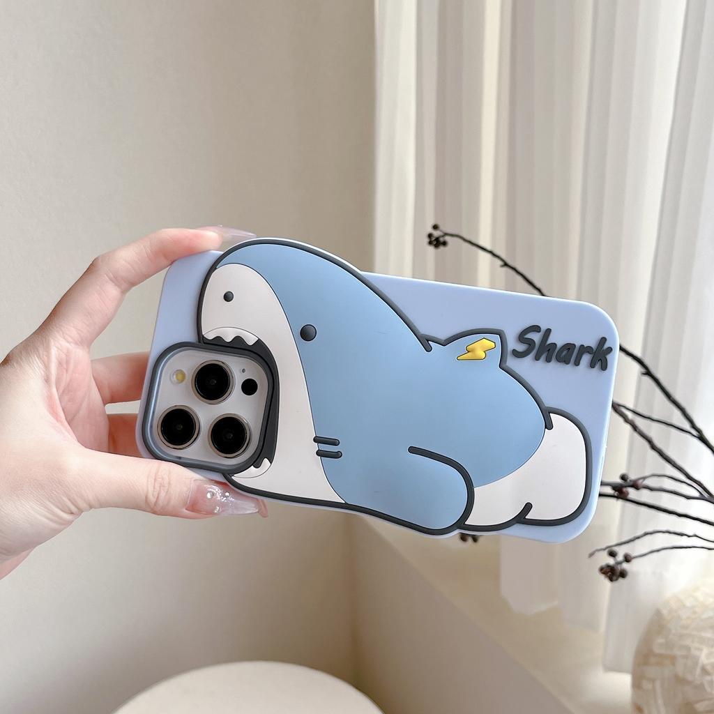 For iPhone 15 Pro Silicone Case Cute Shark Design Shockproof Phone Back Cover