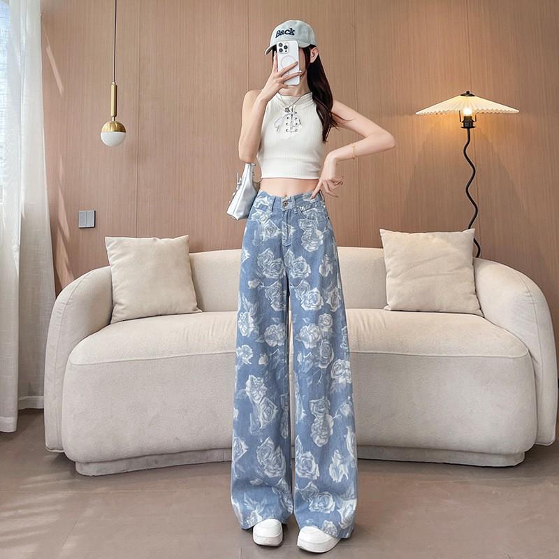 Womens High-Waisted Wide-Leg Denim Pants With Floral Print Loose Straight Cut Style