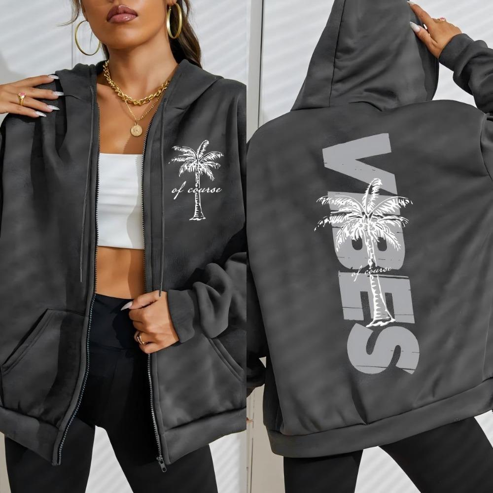 Summer Beach Vibes Coconut Tree Prints Women Zipper Hoodie Fashion Loose Hoody Soft Casual Sportswear Autumn Clothing
