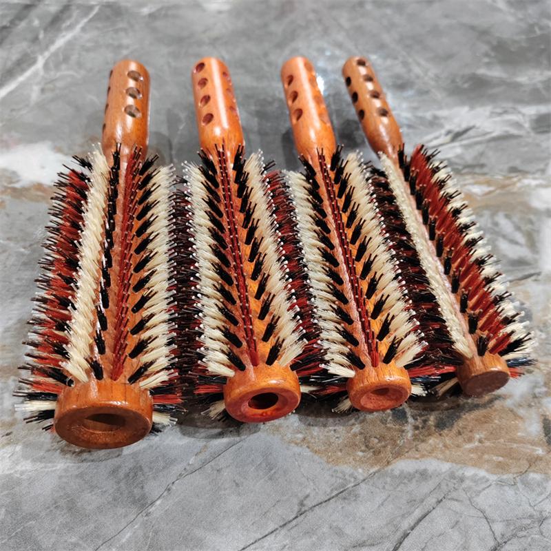 Hair Drying Styling Curly Barber Dye Rubber Wood Comb Boar Bristle Round Brush With Natural Wooden Handle