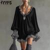 Women's Fashion Spring Fall Stripe Print Long Sleeve V-Neck Loose Waistline Casual Dresses