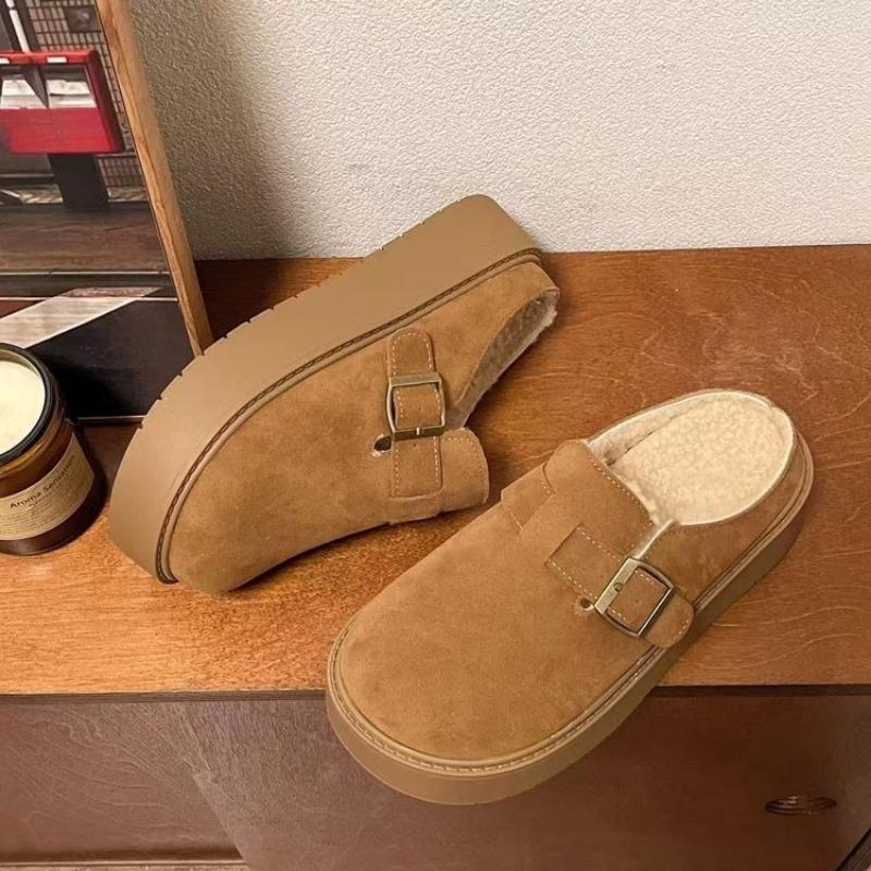 New Women's Thick-soled Retro Shoes, Wool Shoes, Cotton Slippers with Fleece Toe Caps, Half Slippers