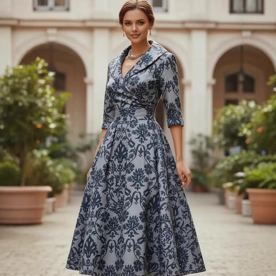 Vintage Casual V-Neck Floral Long Sleeve Women's Dress Maxi Dress Spring New Arrival