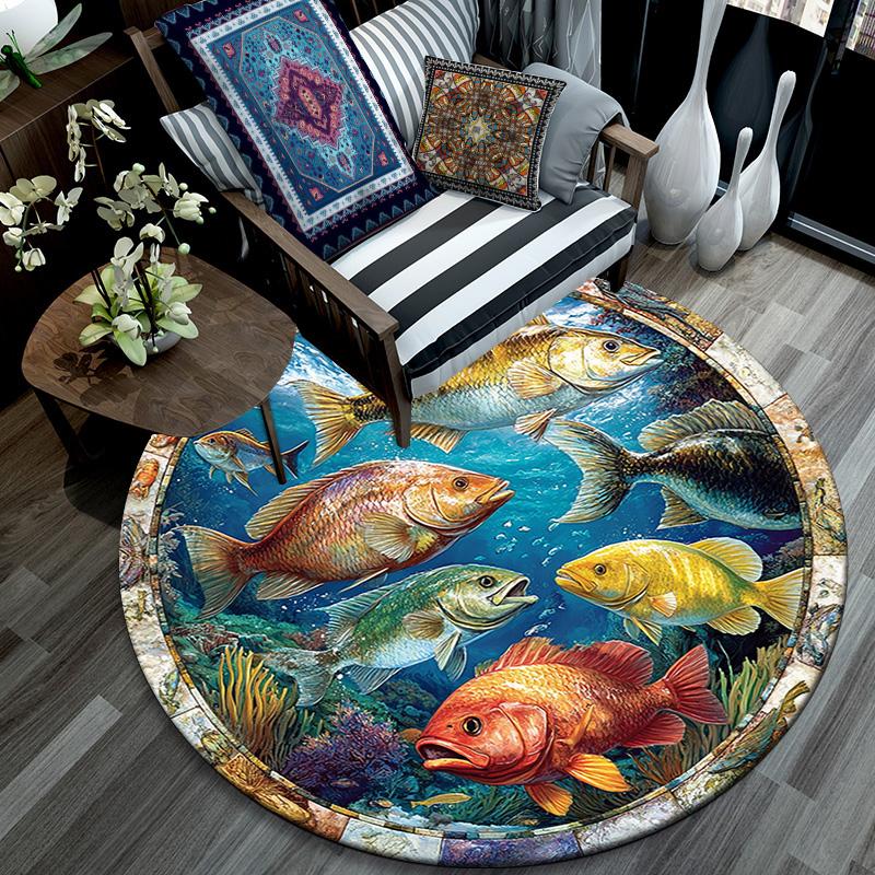 Ocean Fishes Round Area Rug,Carpet Rug for Living Room Bedroom Sofa Playroom Decor,Non-slip Floor Mat