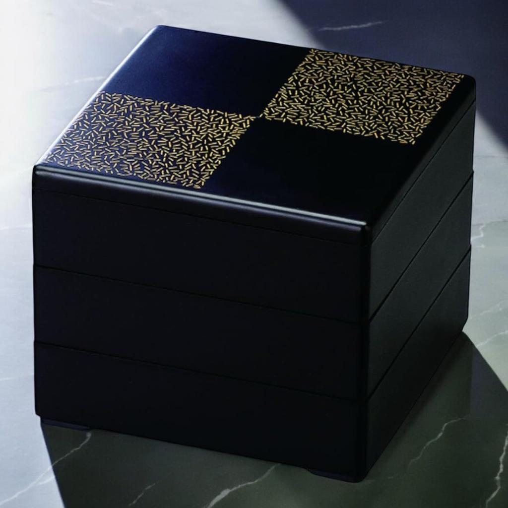 J-kitchens Lacquerware 3-Tiered Jubako Box, 7.0 inches, Matte Black with Gold Checkered Pattern, 21.0cm, Resin, Made in Japan