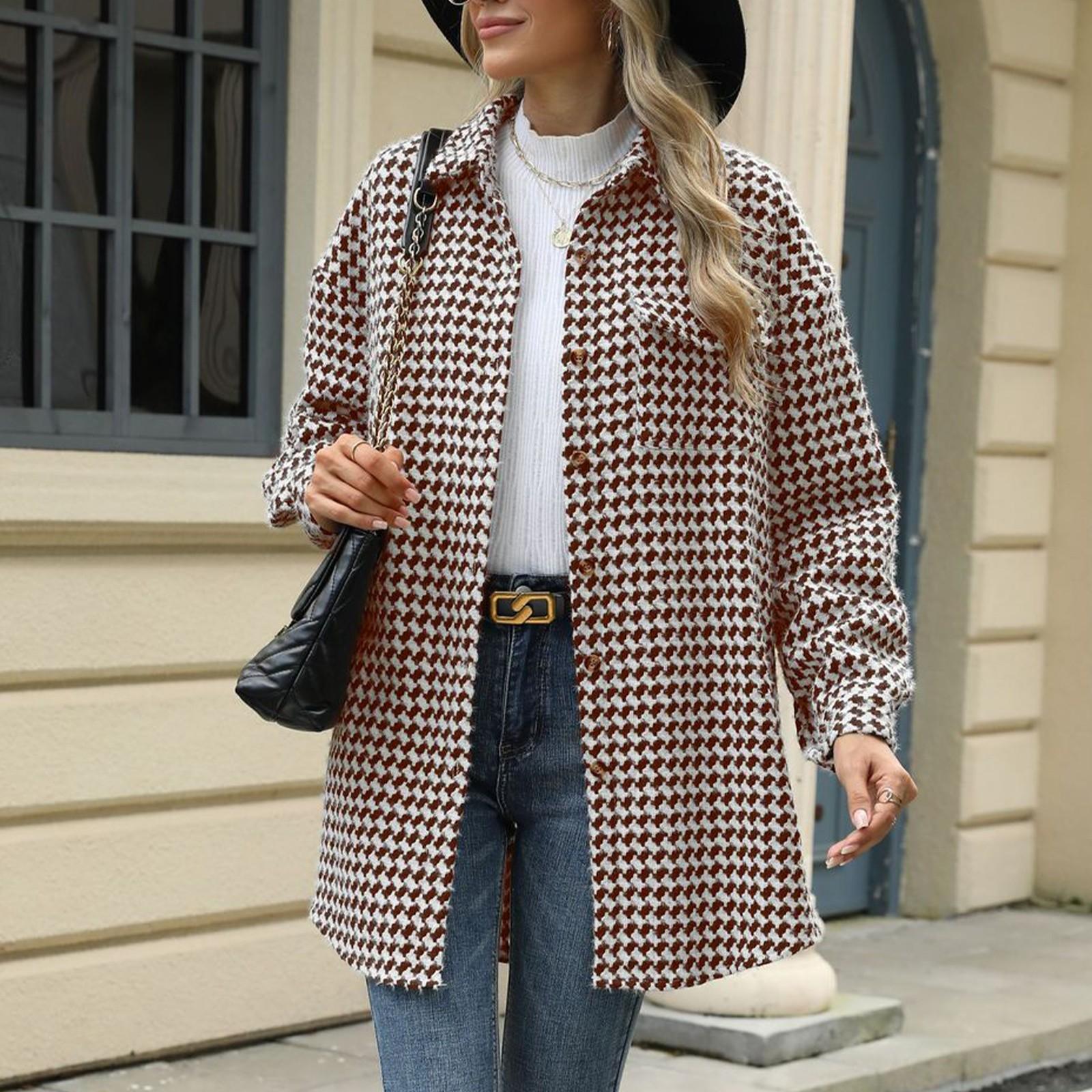 

Женское осенне-зимнее свободное шерстяное пальто с длинными рукавами и карманом в ломаную клетку XL красный