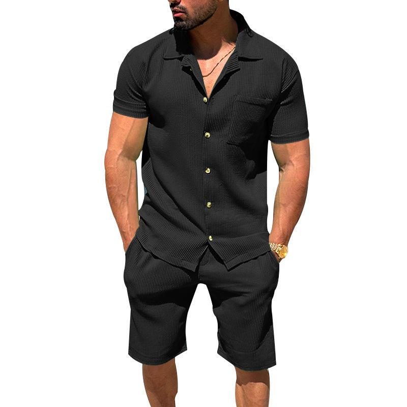Herrkläder 2-delat set: Cardigan med slag och shorts - Enfärgad randig sommaroutfit