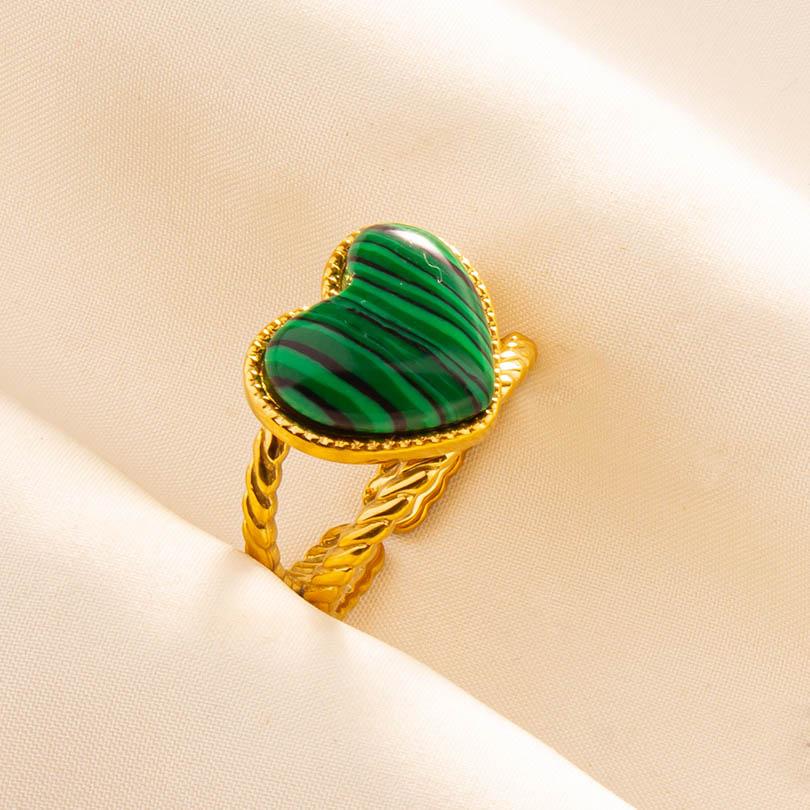 Green Striped Stone Vintage Gold Color Stainless Steel Open Adjustable Rings For Women Men Accessories Finger Jewelry Sun Flower