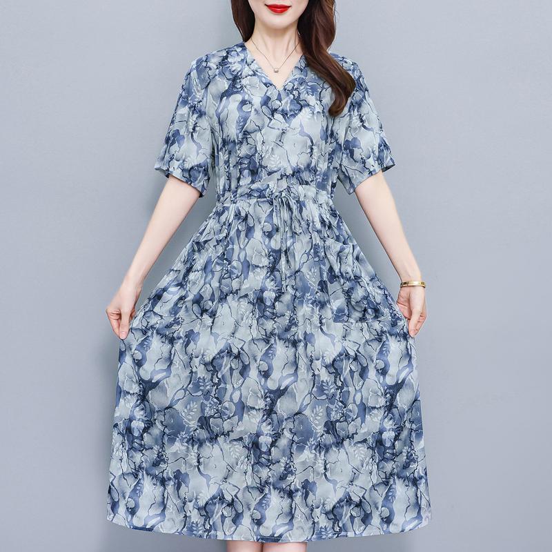 Elegantes Sommerkleid für Damen Vintage Kleidung Übergröße Lässig Kurzarm Langes Kleid