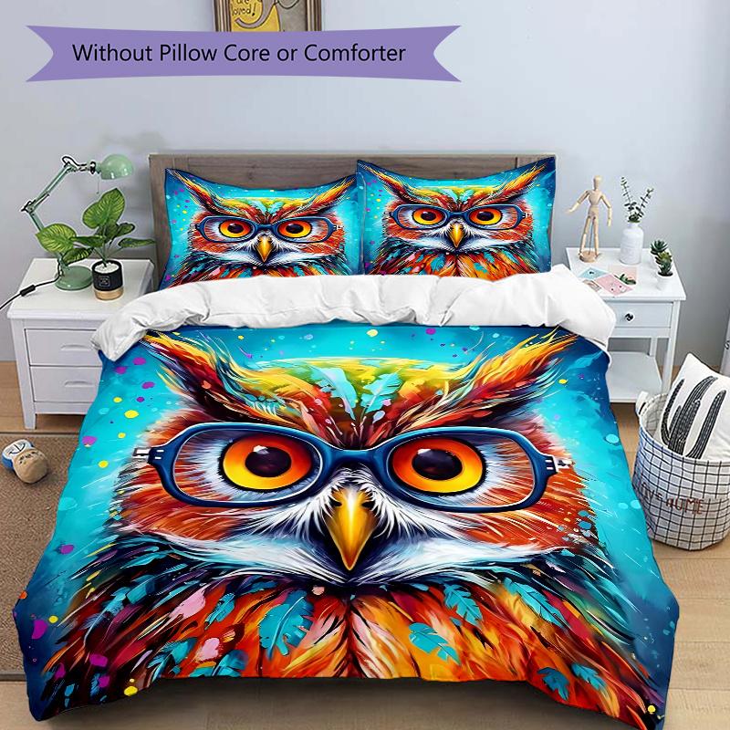 3pcs Colorful Owl Glasses Bedding Set, Includes One Quilt Cover and Two Pillowcases (No Core), Perfect for Home Decor, Festive Gifts