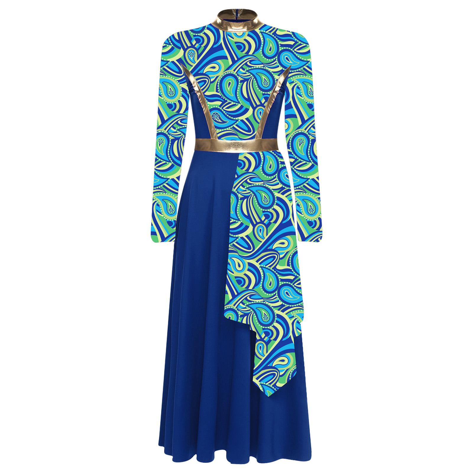 

Ladies Lyrical Dance Costume Mock Neck Long Sleeve Tunic Dress with High Waist and Asymmetrical Skirt S королівський синій колір