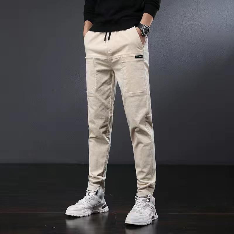 Corduroy Casual Pants For Men Fleece-lined Warm Striped Velvet Multi-pocket Slim Fit Straight Leg Pants