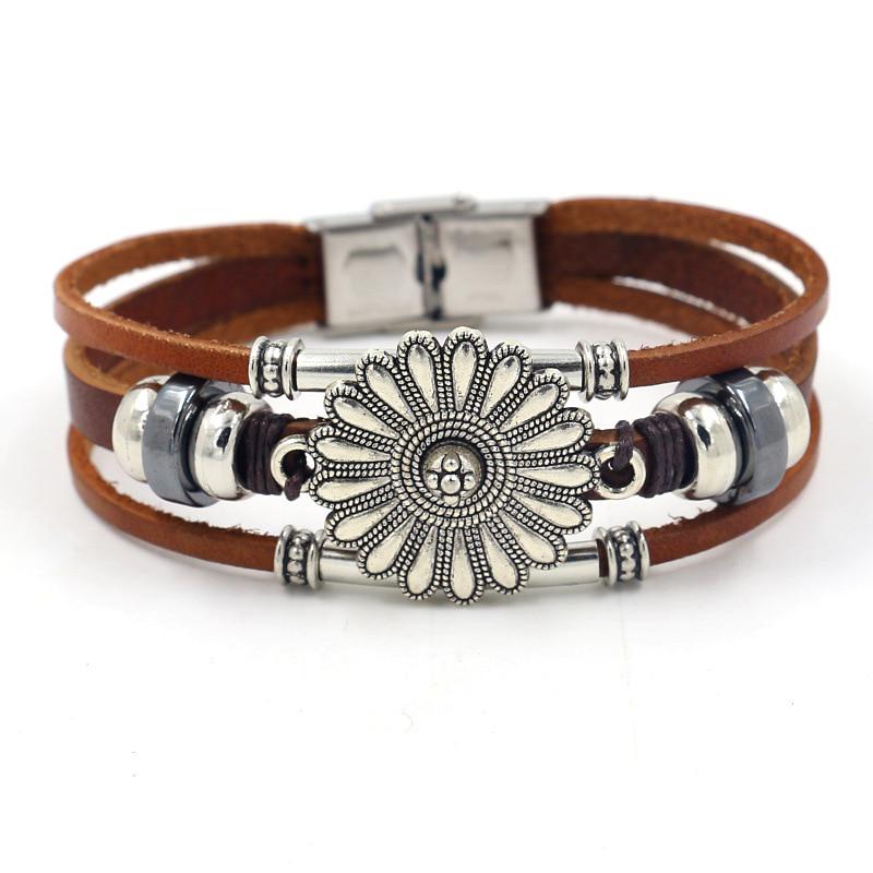 Trendy Punk Multilayer Leather Bracelet Female Fatima Hand Sun Flower Alloy Charm Jewelry Wristband