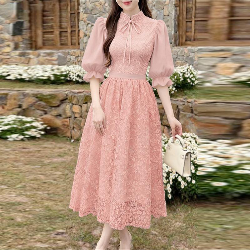 ZANZEA Damen Lässiges Stehkragen 3/4 Ärmel Lockeres Patchwork Spitzenkleid