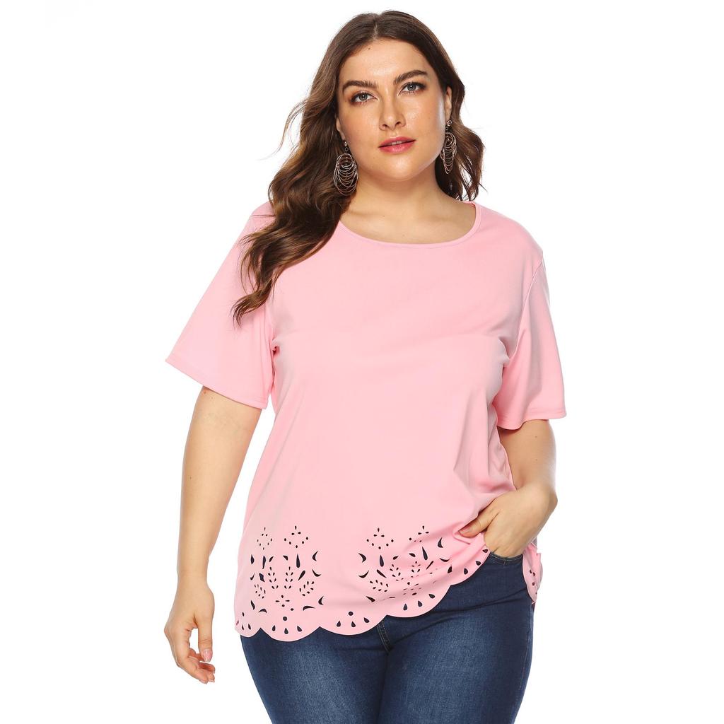 T-shirt Casual Feminina Plus Size Cor Sólida Borda Ondulada Burnout Vazado Manga Curta