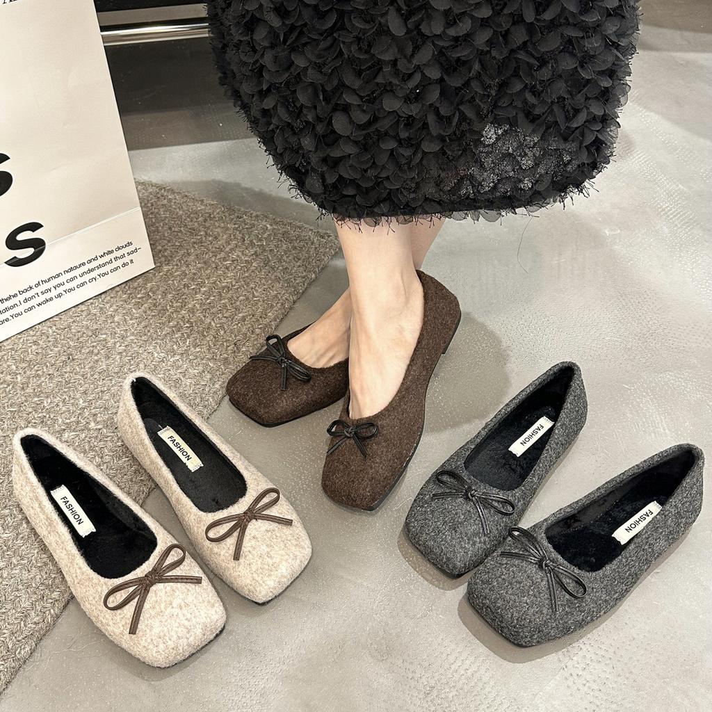 Fashion New Style Fashionable Woman Casual Square Head Bow Flats Flock Ballerina Luxury Flats Female Suede Elegant Soft Sole Women Shoes