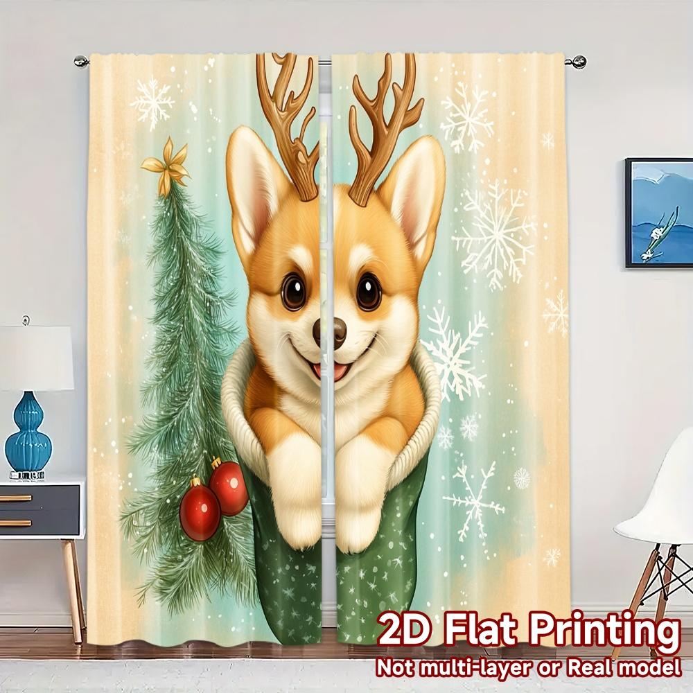 

2pcs Curtains Cute Puppy Christmas Stocking Holiday (2) Pattern Popular Curtains Machine Washable Fabric Curtains Decorations 100*130 HOOK 1pcs