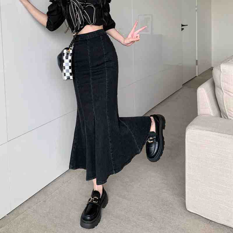 Elegant Summer Black Thin Package Hip Elastic Open Fork Fishtail Skirt Ruffled Temperament Female Versatile Comfortable Fashion Denim Bustier Skirt