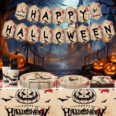 Halloween Dekoration Partyzubehör Geburtstag Shabby Chic Papier Teller Flagge Kuchenmesser Gabel Löffel Servietten Set