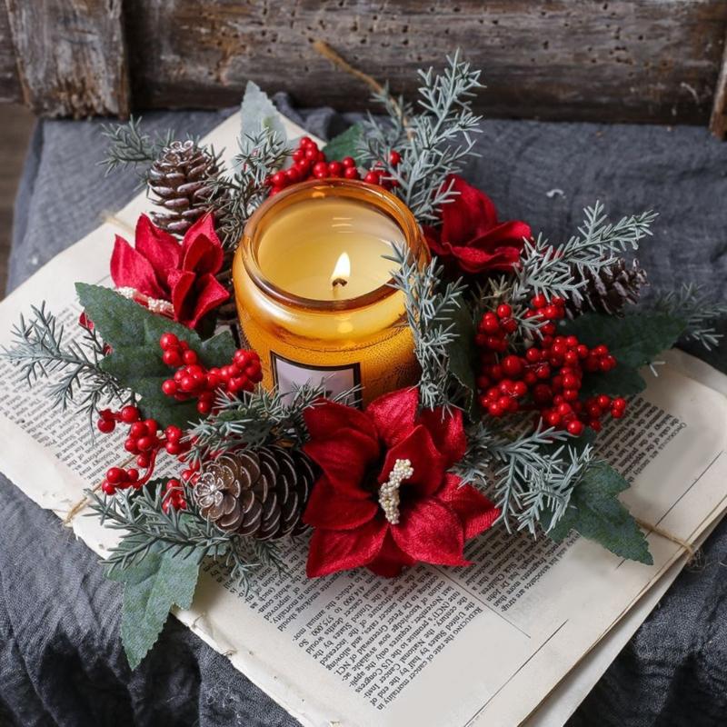 Door Wall Window Christmas Ornament Artificial Pinecone Candlestick Wreaths with Red Berries & Leaf Table Centerpiece