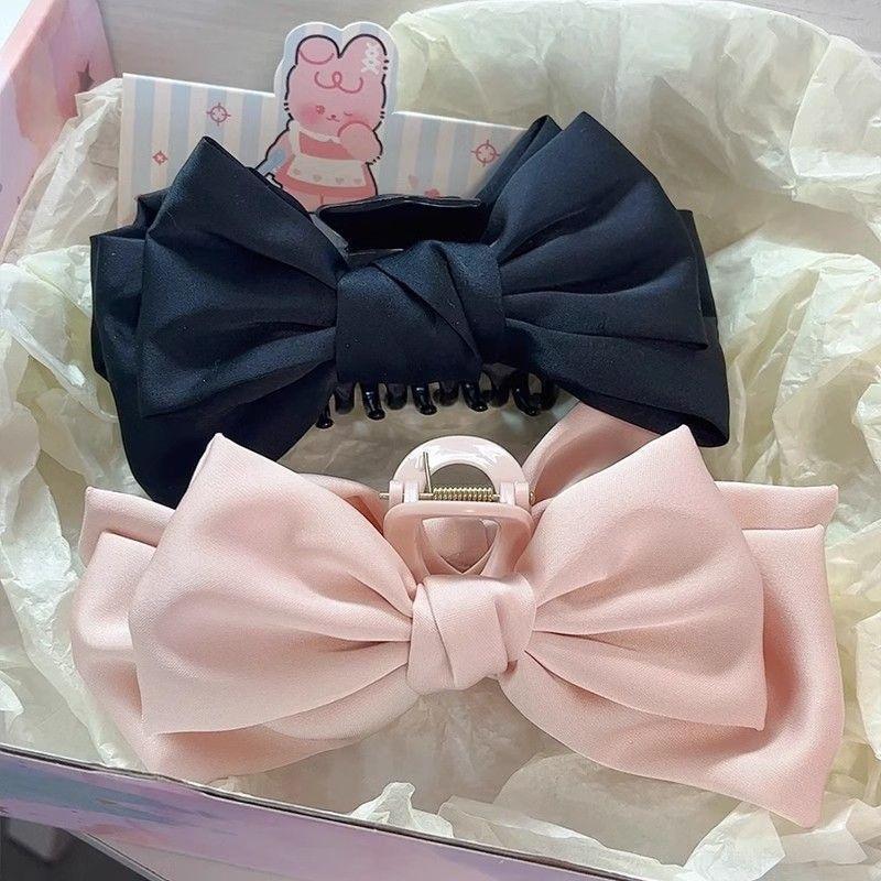 Satin Large Bow Hair Claw Clips Fadeless Fabric Strong Hold Non Slip 3Pcs for Girls Daily Play Date Gift