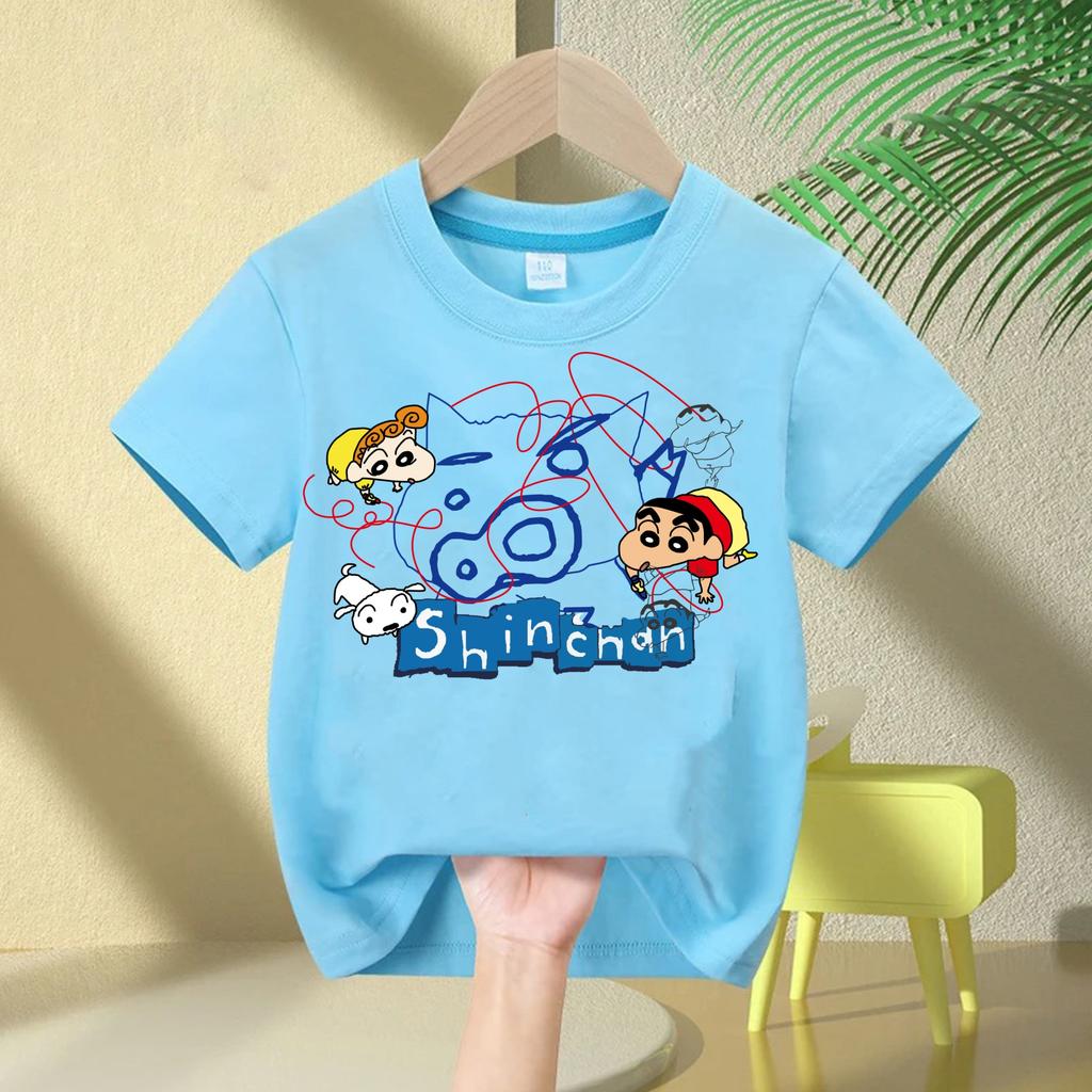2026 New Summer Cotton Cartoon Crayon Shinchan Print TShirt Summer Fashion Casual Round Neck Cotton Childrens Top