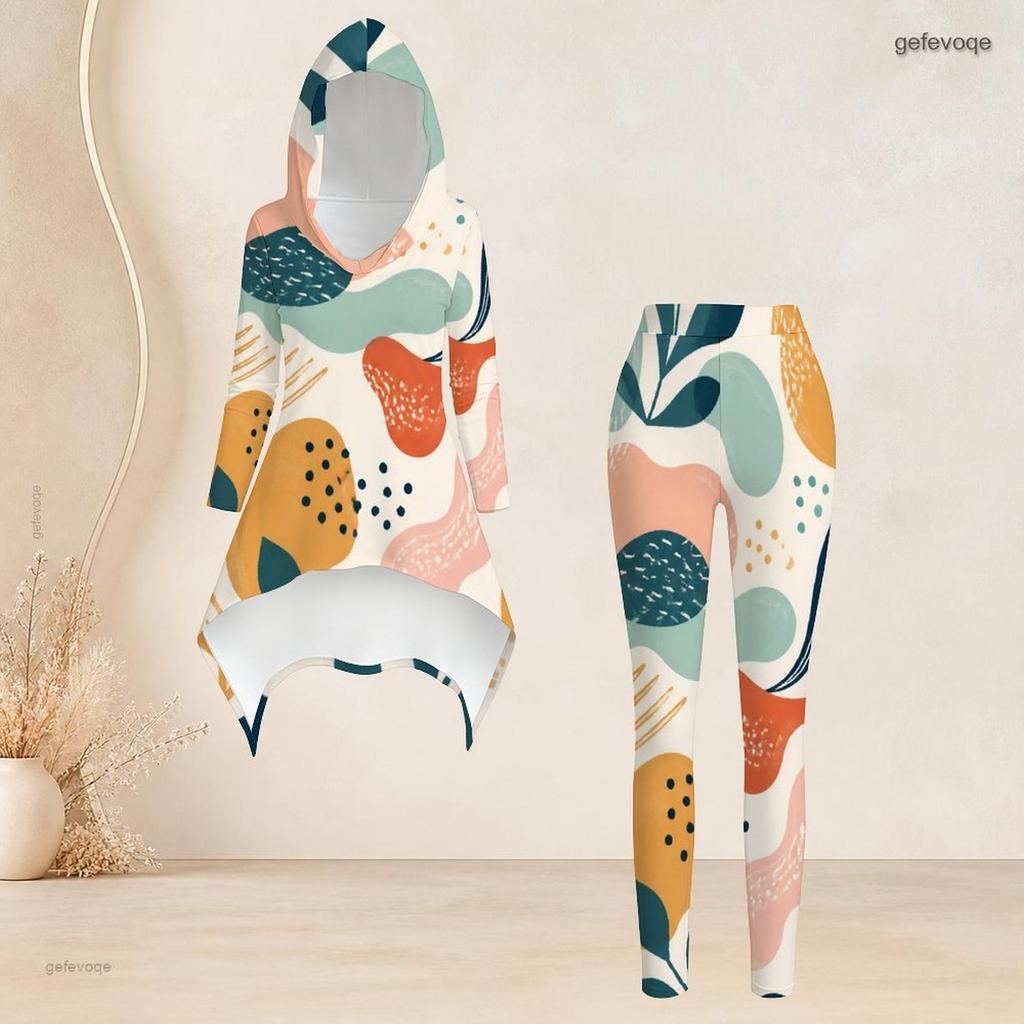 Women Plus Size Multicolor Printed Hooded Long Sleeve High Low Top Fitted Pants Two Piece Set