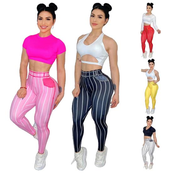 Dámské sportovní legíny s vysokým pasem s pruhovaným potiskem strečové kalhoty na jógu sexy přiléhavé imitace džínů cvičení posilovna kalhoty push up